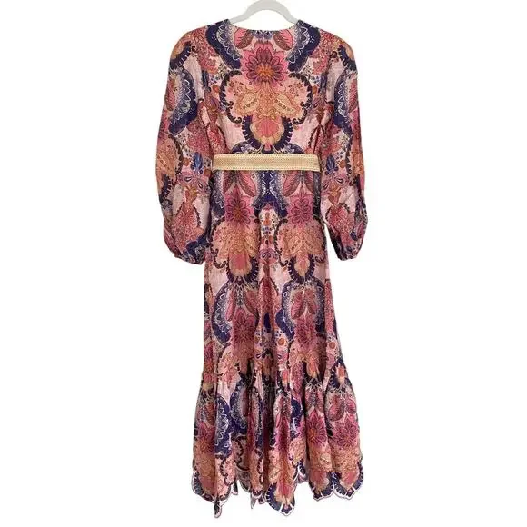 Zimmermann Laurel Billow Belted Puff Sleeve Midi Linen Dress Pink Purple - Picture 8 of 16